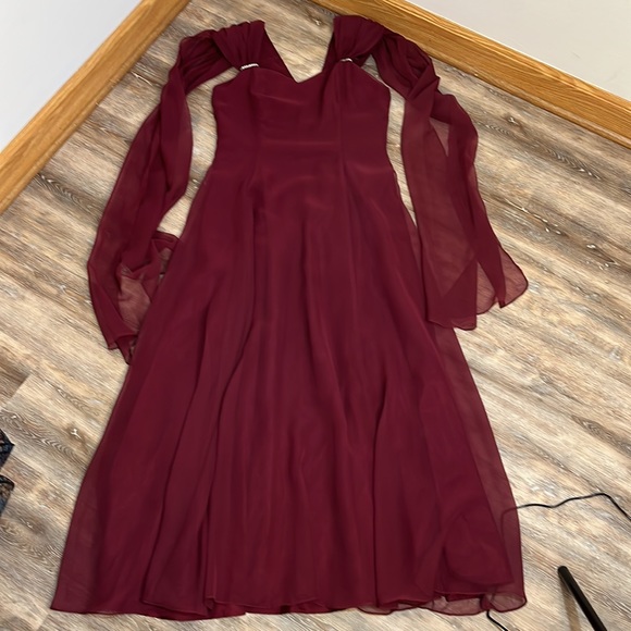 Michaelangelo Burgundy Dress Chiffon Wide Strap Dramatic Shoulder Trains Size 10 - Picture 13 of 14